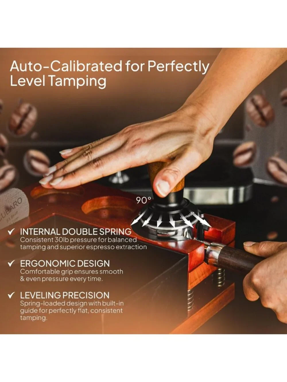 30lb Spring Loaded Espresso Tamper - Auto-Leveling Coffee Tool with Walnut